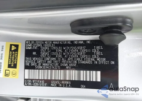 2012 Toyota Highlander Base V6 из США, поврежденный, VIN 5TDBK3EH4CS143215